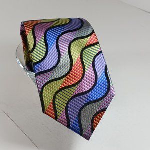 DeSantis Collection Men's Silk Tie Purple Green Orange Abstract Waves 62"